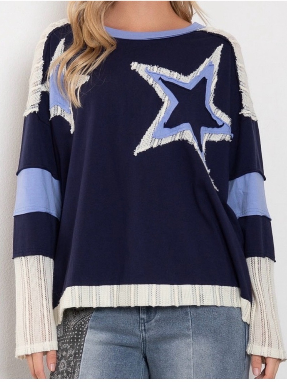Blue Velvet Navy Star Patch Pullover with Light Blue Accents